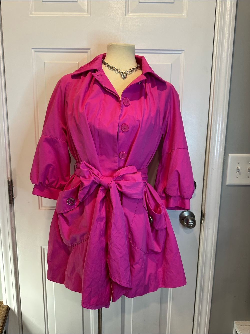 Apostrophe Vintage Y2K Hot Pink Barbiecore Belted Trench Coat Coquette Statement